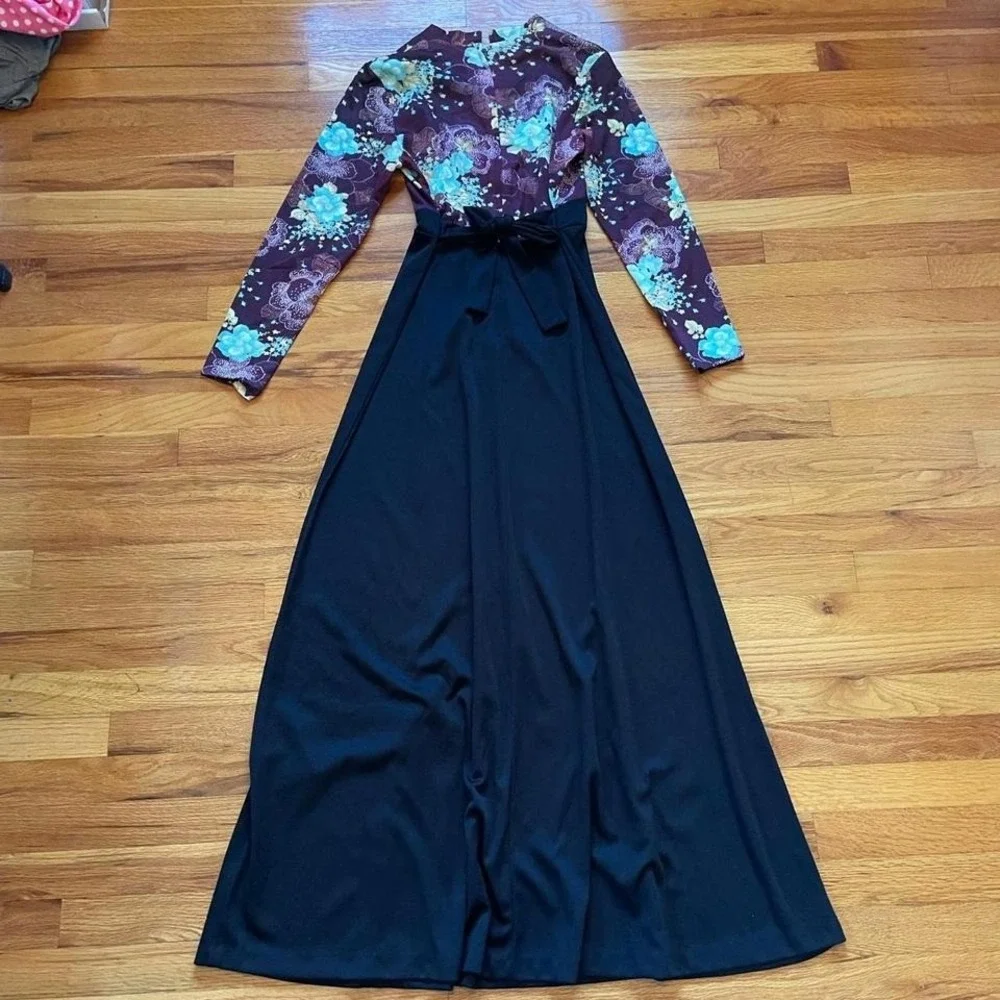 Vintage 70s Black & Brown Maxi Dress Size M Prairie Girl Whimsygoth Retro - Picture 3 of 5